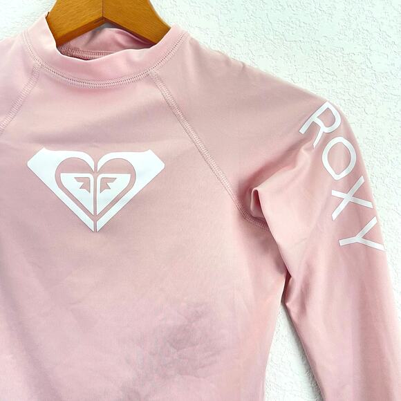 Roxy Girls Rashguard Swim Surf Top Sz Large 12 Pink Long Sleeve Heart Logo UPF - Picture 2 of 7